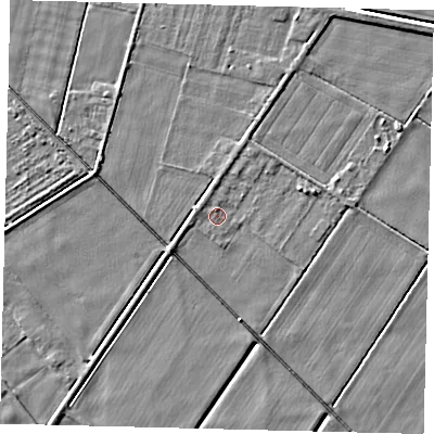 Shaded relief map of the ground around PE67PS, computed from Environment Agency LiDAR. The ground here sits at about 3 m above sea level and falls 4 m across the surrounding 800 m. Surface water reaching this point runs off ground lying to the west-south-west, 1.0 m higher.