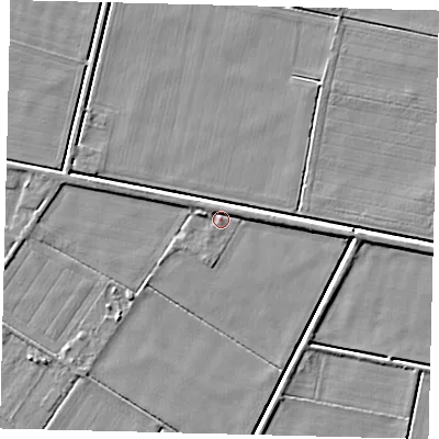 Shaded relief map of the ground around PE67PT, computed from Environment Agency LiDAR. The ground here sits at about 3 m above sea level and falls 4 m across the surrounding 800 m. Surface water reaching this point runs off ground lying to the west-north-west, 2.0 m higher.