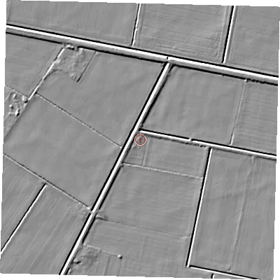 Shaded relief map of the ground around PE67PU, computed from Environment Agency LiDAR. The ground here sits at about 2 m above sea level and falls 4 m across the surrounding 800 m. Surface water reaching this point runs off ground lying to the north-north-west, 1.6 m higher.