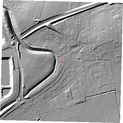 Shaded relief map of the ground around PE67PW, computed from Environment Agency LiDAR. The ground here sits at about 6 m above sea level and falls 13 m across the surrounding 800 m. Surface water reaching this point runs off ground lying to the south-south-west, 0.8 m higher.