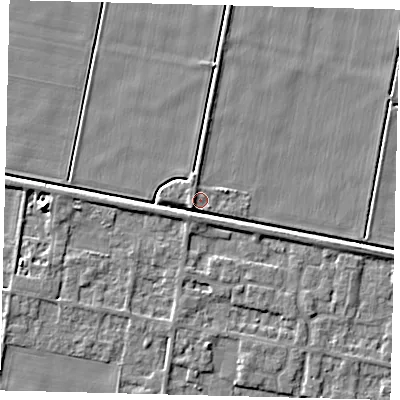 Shaded relief map of the ground around PE67QA, computed from Environment Agency LiDAR. The ground here sits at about 2 m above sea level and falls 7 m across the surrounding 800 m. Surface water reaching this point runs off ground lying to the south-west, 2.0 m higher.