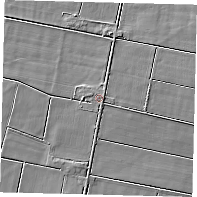 Shaded relief map of the ground around PE67QB, computed from Environment Agency LiDAR. The ground here sits at about 3 m above sea level and falls 4 m across the surrounding 800 m. Surface water reaching this point runs off ground lying to the east-north-east, 0.9 m higher.