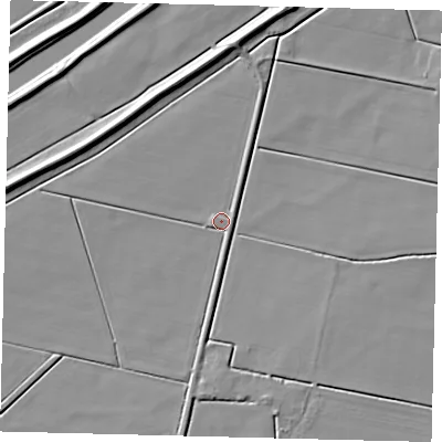 Shaded relief map of the ground around PE67QD, computed from Environment Agency LiDAR. The ground here sits at about 3 m above sea level and falls 6 m across the surrounding 800 m. Surface water reaching this point runs off ground lying to the east-north-east, 1.5 m higher.