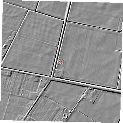 Shaded relief map of the ground around PE67QE, computed from Environment Agency LiDAR. The ground here sits at about 2 m above sea level and falls 4 m across the surrounding 800 m. Surface water reaching this point runs off ground lying to the north-west, 2.1 m higher.