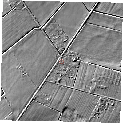 Shaded relief map of the ground around PE67QF, computed from Environment Agency LiDAR. The ground here sits at about 4 m above sea level and falls 5 m across the surrounding 800 m. Surface water reaching this point runs off ground lying to the west-south-west, 0.7 m higher.