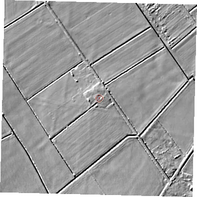 Shaded relief map of the ground around PE67QG, computed from Environment Agency LiDAR. The ground here sits at about 4 m above sea level and falls 5 m across the surrounding 800 m. Surface water reaching this point runs off ground lying to the south-west, 1.0 m higher.