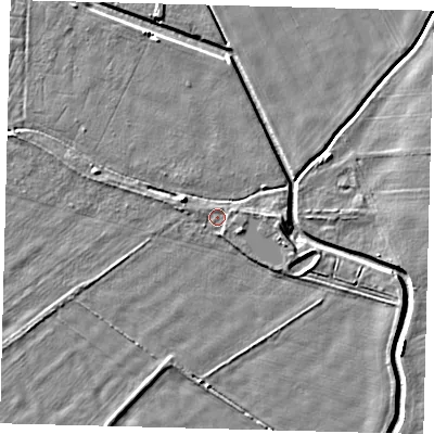 Shaded relief map of the ground around PE67QJ, computed from Environment Agency LiDAR. The ground here sits at about 2 m above sea level and falls 4 m across the surrounding 800 m. Surface water reaching this point runs off ground lying to the east-north-east, 0.9 m higher.