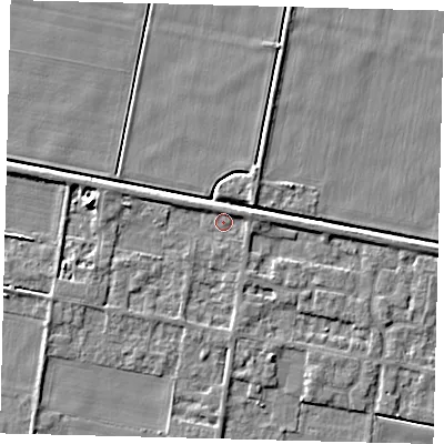 Shaded relief map of the ground around PE67QP, computed from Environment Agency LiDAR. The ground here sits at about 2 m above sea level and falls 7 m across the surrounding 800 m. Surface water reaching this point runs off ground lying to the east-north-east, 1.8 m higher.