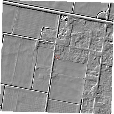 Shaded relief map of the ground around PE67QR, computed from Environment Agency LiDAR. The ground here sits at about 2 m above sea level and falls 7 m across the surrounding 800 m. Surface water reaching this point runs off ground lying to the west-north-west, 1.1 m higher.