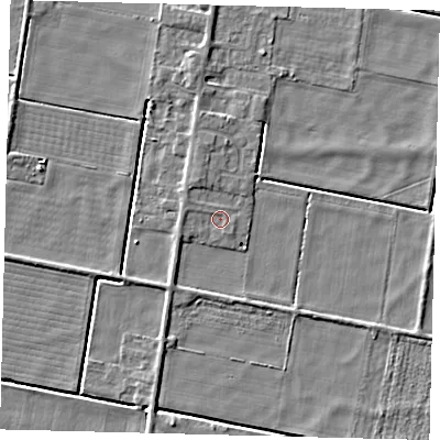 Shaded relief map of the ground around PE67QS, computed from Environment Agency LiDAR. The ground here sits at about 1 m above sea level and falls 3 m across the surrounding 800 m. Surface water reaching this point runs off ground lying to the west, 0.9 m higher.