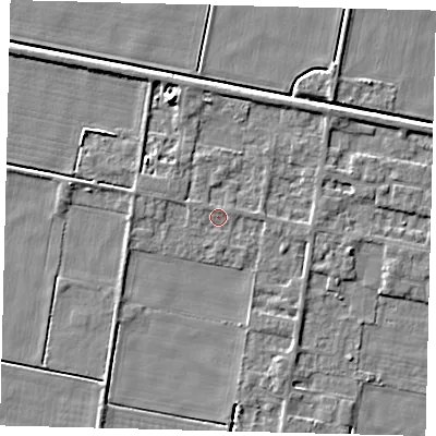 Shaded relief map of the ground around PE67QT, computed from Environment Agency LiDAR. The ground here sits at about 2 m above sea level and falls 7 m across the surrounding 800 m. Surface water reaching this point runs off ground lying to the west-north-west, 0.8 m higher.