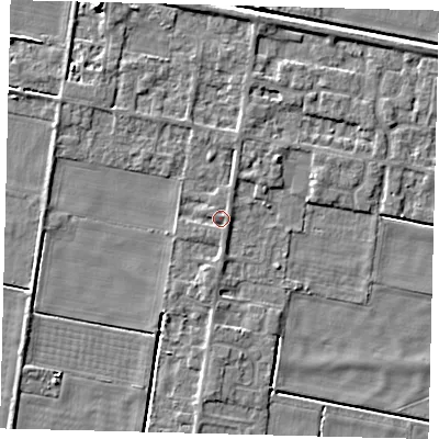 Shaded relief map of the ground around PE67QZ, computed from Environment Agency LiDAR. The ground here sits at about 2 m above sea level and falls 7 m across the surrounding 800 m. Surface water reaching this point runs off ground lying to the south-south-east, 1.1 m higher.