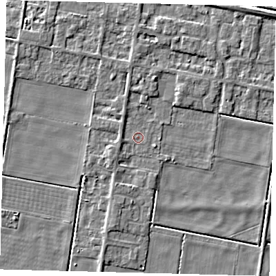 Shaded relief map of the ground around PE67RA, computed from Environment Agency LiDAR. The ground here sits at about 1 m above sea level and falls 4 m across the surrounding 800 m. Surface water reaching this point runs off ground lying to the west-south-west, 1.3 m higher.