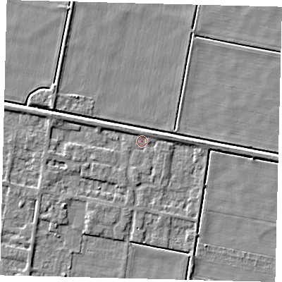 Shaded relief map of the ground around PE67RB, computed from Environment Agency LiDAR. The ground here sits at about 2 m above sea level and falls 4 m across the surrounding 800 m. Surface water reaching this point runs off ground lying to the west-north-west, 2.6 m higher.