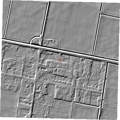 Shaded relief map of the ground around PE67RD, computed from Environment Agency LiDAR. The ground here sits at about 1 m above sea level and falls 4 m across the surrounding 800 m. Surface water reaching this point runs off ground lying to the west-south-west, 1.8 m higher.