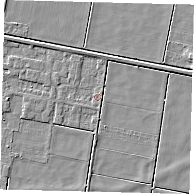Shaded relief map of the ground around PE67RE, computed from Environment Agency LiDAR. The ground here sits at about 1 m above sea level and falls 4 m across the surrounding 800 m. Surface water reaching this point runs off ground lying to the south-west, 1.1 m higher.