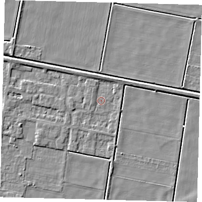 Shaded relief map of the ground around PE67RF, computed from Environment Agency LiDAR. The ground here sits at about 1 m above sea level and falls 4 m across the surrounding 800 m. Surface water reaching this point runs off ground lying to the west-north-west, 2.8 m higher.