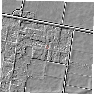 Shaded relief map of the ground around PE67RG, computed from Environment Agency LiDAR. The ground here sits at about 2 m above sea level and falls 4 m across the surrounding 800 m. Surface water reaching this point runs off ground lying to the west-north-west, 1.8 m higher.