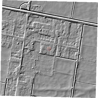 Shaded relief map of the ground around PE67RH, computed from Environment Agency LiDAR. The ground here sits at about 2 m above sea level and falls 4 m across the surrounding 800 m. Surface water reaching this point runs off ground lying to the north-west, 1.8 m higher.