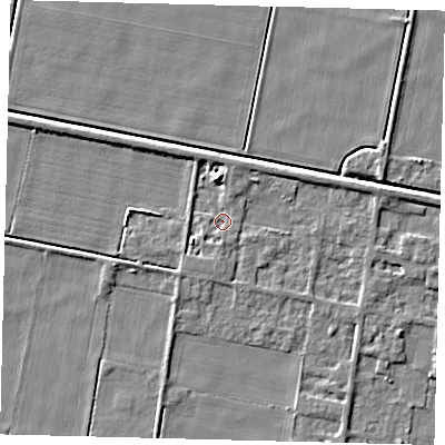 Shaded relief map of the ground around PE67RP, computed from Environment Agency LiDAR. The ground here sits at about 2 m above sea level and falls 7 m across the surrounding 800 m. Surface water reaching this point runs off ground lying to the north, 5.8 m higher.