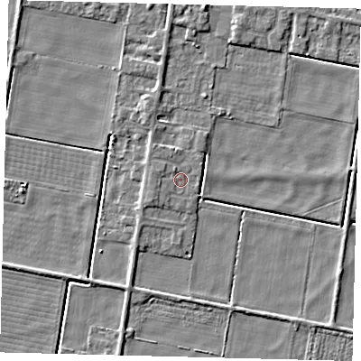 Shaded relief map of the ground around PE67RQ, computed from Environment Agency LiDAR. The ground here sits at about 1 m above sea level and falls 4 m across the surrounding 800 m. Surface water reaching this point runs off ground lying to the west-south-west, 1.1 m higher.