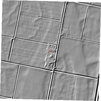 Shaded relief map of the ground around PE67RR, computed from Environment Agency LiDAR. The ground here sits at about 2 m above sea level and falls 3 m across the surrounding 800 m. Surface water reaching this point runs off ground lying to the south, 1.2 m higher.