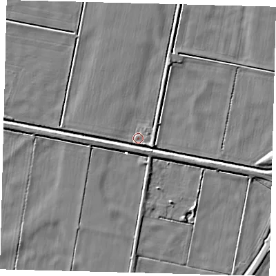 Shaded relief map of the ground around PE67RS, computed from Environment Agency LiDAR. The ground here sits at about 1 m above sea level and falls 4 m across the surrounding 800 m. Surface water reaching this point runs off ground lying to the west, 3.2 m higher.