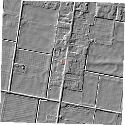Shaded relief map of the ground around PE67RT, computed from Environment Agency LiDAR. The ground here sits at about 1 m above sea level and falls 4 m across the surrounding 800 m. Surface water reaching this point runs off ground lying to the south-south-east, 3.3 m higher.