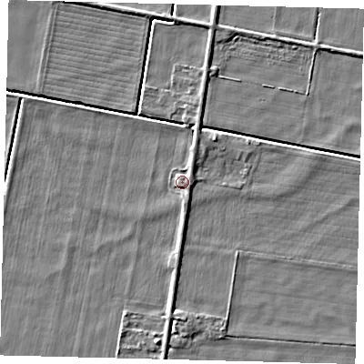 Shaded relief map of the ground around PE67RU, computed from Environment Agency LiDAR. The ground here sits at about 2 m above sea level and falls 3 m across the surrounding 800 m. Surface water reaching this point runs off ground lying to the south, 1.5 m higher.