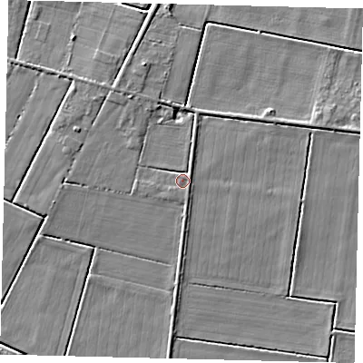 Shaded relief map of the ground around PE67SE, computed from Environment Agency LiDAR. The ground here sits at about 3 m above sea level and falls 4 m across the surrounding 800 m. Surface water reaching this point runs off ground lying to the east-north-east, 0.6 m higher.
