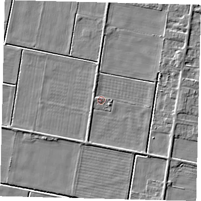 Shaded relief map of the ground around PE67SH, computed from Environment Agency LiDAR. The ground here sits at about 2 m above sea level and falls 3 m across the surrounding 800 m. Surface water reaching this point runs off ground lying to the east-north-east, 3.3 m higher.