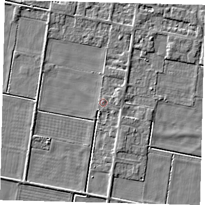 Shaded relief map of the ground around PE67SJ, computed from Environment Agency LiDAR. The ground here sits at about 2 m above sea level and falls 4 m across the surrounding 800 m. Surface water reaching this point runs off ground lying to the south-west, 1.9 m higher.