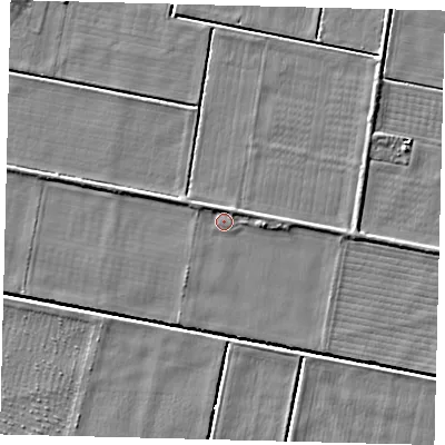 Shaded relief map of the ground around PE67SQ, computed from Environment Agency LiDAR. The ground here sits at about 2 m above sea level and falls 3 m across the surrounding 800 m. Surface water reaching this point runs off ground lying to the north-west, 1.3 m higher.