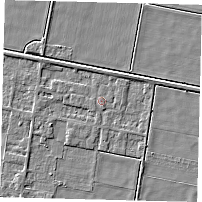 Shaded relief map of the ground around PE67SR, computed from Environment Agency LiDAR. The ground here sits at about 2 m above sea level and falls 4 m across the surrounding 800 m. Surface water reaching this point runs off ground lying to the south-south-east, 1.3 m higher.
