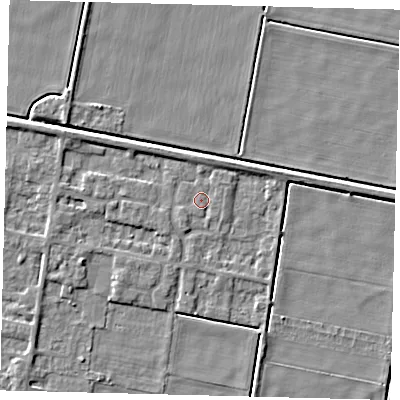 Shaded relief map of the ground around PE67SS, computed from Environment Agency LiDAR. The ground here sits at about 2 m above sea level and falls 4 m across the surrounding 800 m. Surface water reaching this point runs off ground lying to the west-north-west, 2.6 m higher.