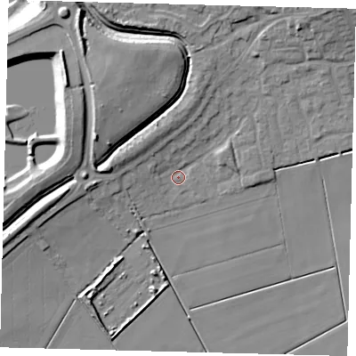 Shaded relief map of the ground around PE67SX, computed from Environment Agency LiDAR. The ground here sits at about 3 m above sea level and falls 13 m across the surrounding 800 m. Surface water reaching this point runs off ground lying to the north-north-west, 7.5 m higher.