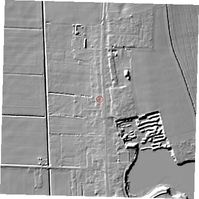 Shaded relief map of the ground around PE67TP, computed from Environment Agency LiDAR. The ground here sits at about 4 m above sea level and falls 11 m across the surrounding 800 m. Surface water reaching this point runs off ground lying to the east, 2.6 m higher.