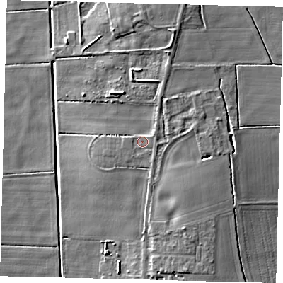 Shaded relief map of the ground around PE67TT, computed from Environment Agency LiDAR. The ground here sits at about 4 m above sea level and falls 8 m across the surrounding 800 m. Surface water reaching this point runs off ground lying to the east-north-east, 1.5 m higher.