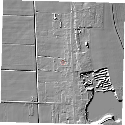 Shaded relief map of the ground around PE67UH, computed from Environment Agency LiDAR. The ground here sits at about 3 m above sea level and falls 11 m across the surrounding 800 m. Surface water reaching this point runs off ground lying to the east, 2.5 m higher.