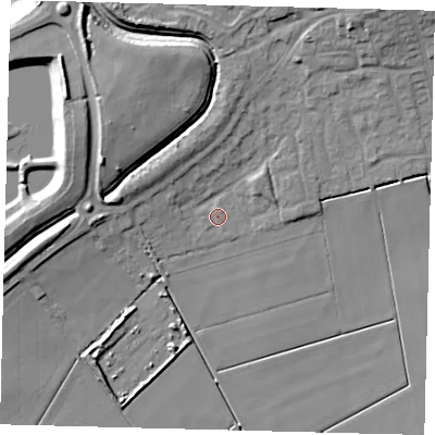 Shaded relief map of the ground around PE67WE, computed from Environment Agency LiDAR. The ground here sits at about 3 m above sea level and falls 12 m across the surrounding 800 m. The ground contributing surface water to this point lies to the south.