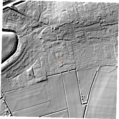 Shaded relief map of the ground around PE67WL, computed from Environment Agency LiDAR. The ground here sits at about 4 m above sea level and falls 14 m across the surrounding 800 m. Surface water reaching this point runs off ground lying to the north, 6.3 m higher.