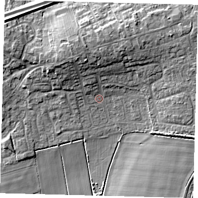 Shaded relief map of the ground around PE67XD, computed from Environment Agency LiDAR. The ground here sits at about 4 m above sea level and falls 9 m across the surrounding 800 m. Surface water reaching this point runs off ground lying to the north, 5.7 m higher.