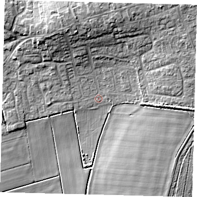 Shaded relief map of the ground around PE67XH, computed from Environment Agency LiDAR. The ground here sits at about 4 m above sea level and falls 9 m across the surrounding 800 m. Surface water reaching this point runs off ground lying to the north-north-west, 6.6 m higher.