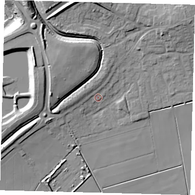 Shaded relief map of the ground around PE67YA, computed from Environment Agency LiDAR. The ground here sits at about 4 m above sea level and falls 15 m across the surrounding 800 m. Surface water reaching this point runs off ground lying to the north, 1.7 m higher.