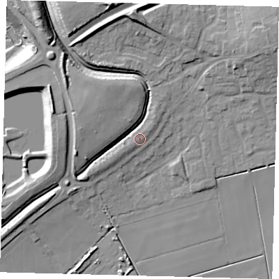 Shaded relief map of the ground around PE67YB, computed from Environment Agency LiDAR. The ground here sits at about 6 m above sea level and falls 16 m across the surrounding 800 m. Surface water reaching this point runs off ground lying to the north-east, 1.4 m higher.