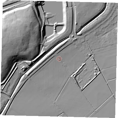 Shaded relief map of the ground around PE67YD, computed from Environment Agency LiDAR. The ground here sits at about 5 m above sea level and falls 25 m across the surrounding 800 m. Surface water reaching this point runs off ground lying to the west-south-west, 4.4 m higher.