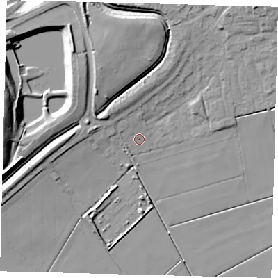 Shaded relief map of the ground around PE67YE, computed from Environment Agency LiDAR. The ground here sits at about 3 m above sea level and falls 16 m across the surrounding 800 m. Surface water reaching this point runs off ground lying to the north-west, 9.0 m higher.