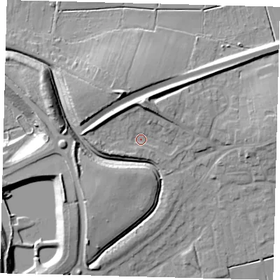 Shaded relief map of the ground around PE67YF, computed from Environment Agency LiDAR. The ground here sits at about 7 m above sea level and falls 16 m across the surrounding 800 m. Surface water reaching this point runs off ground lying to the north-north-west, 5.9 m higher.