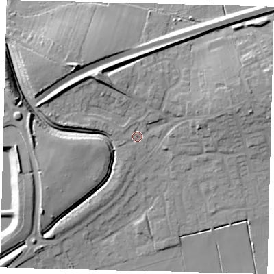 Shaded relief map of the ground around PE67YG, computed from Environment Agency LiDAR. The ground here sits at about 6 m above sea level and falls 14 m across the surrounding 800 m. Surface water reaching this point runs off ground lying to the north-north-west, 8.5 m higher.