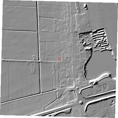 Shaded relief map of the ground around PE67YR, computed from Environment Agency LiDAR. The ground here sits at about 2 m above sea level and falls 11 m across the surrounding 800 m. Surface water reaching this point runs off ground lying to the east, 2.6 m higher.